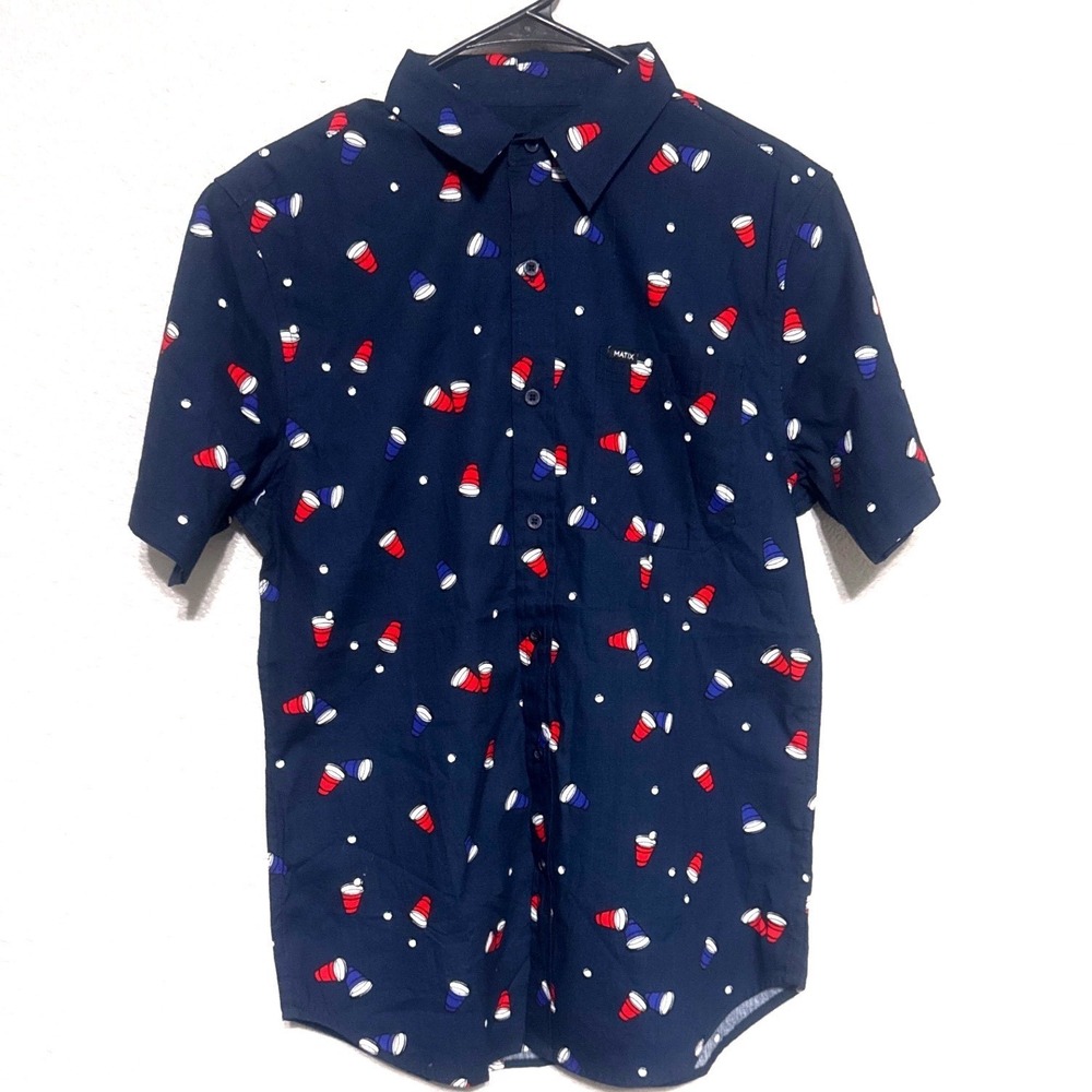SOLO Cup Matix Mens Camp Shirt Small Button Up Graphic Blue Flip Cup